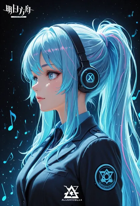 logo HD , the best quality, professional circular logo with electromagnetic waves and musical notes a girl with short blue neon hair, containing blue tones and the words Kadryblue