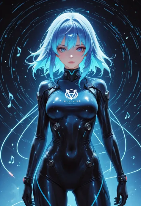 logo HD , the best quality, professional circular logo with electromagnetic waves and musical notes a girl with short blue neon hair, containing blue tones and the words Kadryblue