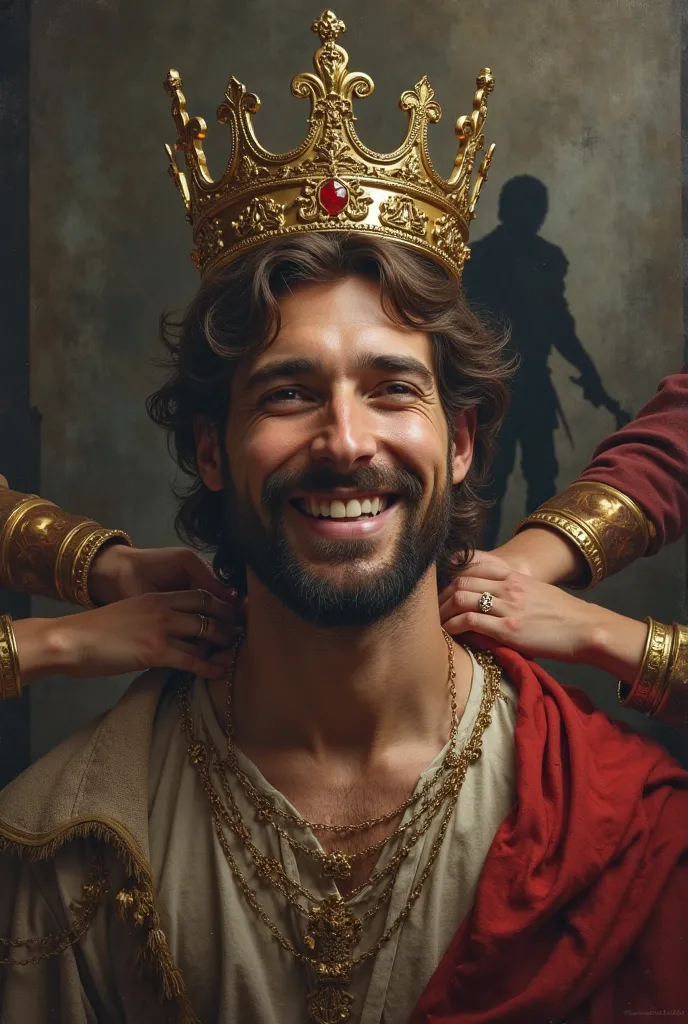 A smiling prince with a crown on his head, but held by the hands of others behind him.  In the background, a shadow approaches with a dagger, insinuating the instability of his power and artistic style