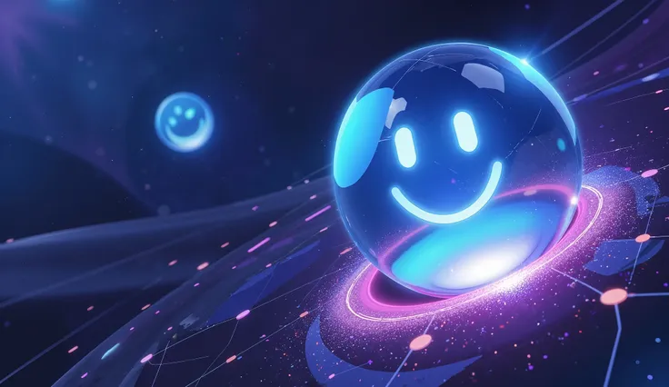 Blue spherical glowing AI assistant,Smiley Face,Neon light effect,deep space blue purple background,text floating code matrix,edge particle dissipation effect,cyberpunk style,multi-level space composition,