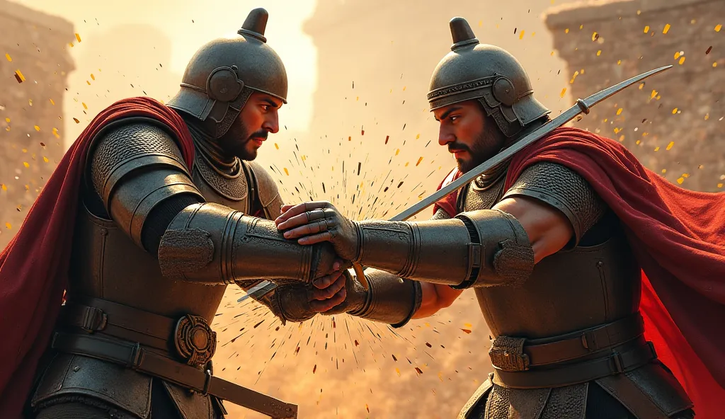  A dramatic close-up of a Mamluk knight clashing swords with a Mongol warrior, sparks flying as their blades meet. The fierce determination on their faces captures the intensity of hand-to-hand combat