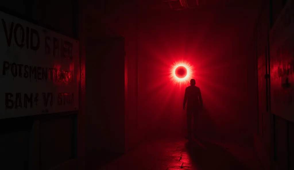 A terrifying glowing red eye emerging from total darkness, with dark shadowy humanoid figure barely visible behind, creepy mist swirling around, broken SCP Foundation warning sign, "VOID'S EYE" written in glitchy red letters, cinematic horror lighting, hig...