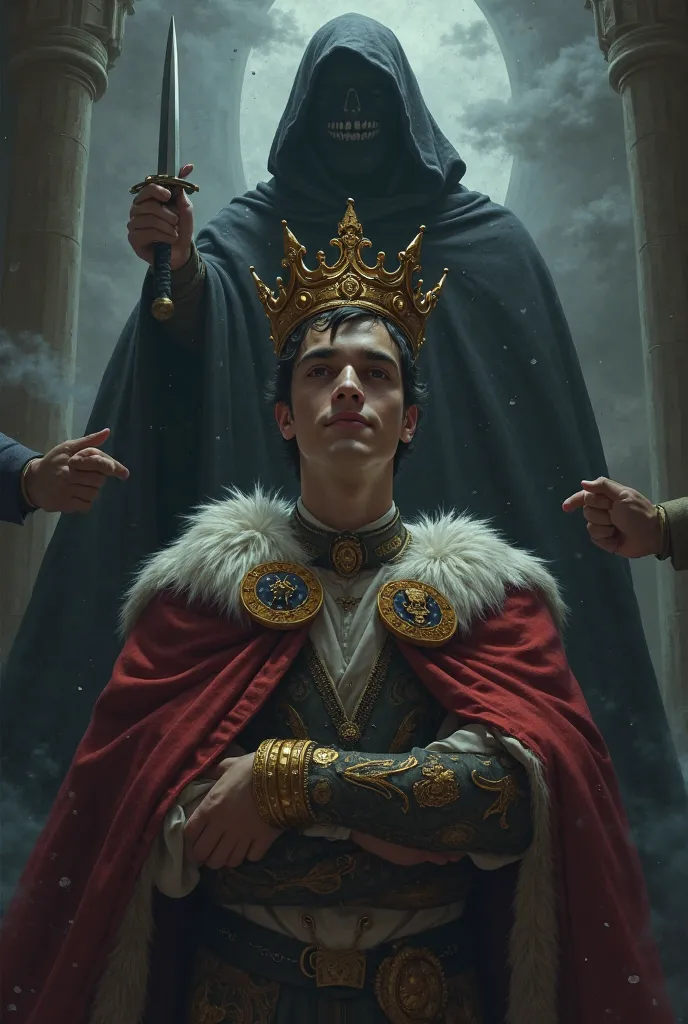 A smiling prince with a crown on his head, but held by the hands of others behind him.  In the background, a shadow approaches with a dagger, hinting at the instability of his power  