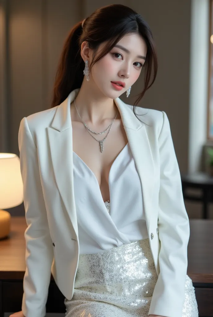 (Detailed body, detailed face, best quality: 1.2), white suit jacket, deep V-neck white shirt, sequin pencil skirt, beautiful Korean female model close-up, looking at the viewer, chestnut hair, high ponytail, back against modern design style office desk, s...