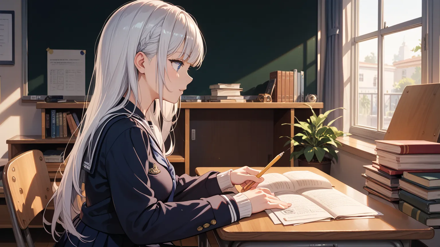 ultra detailed, official art, college age, fair skin, straight hair, curi inside hair, white hair, A female college student is studying at her desk, A female college student is studying for entrance exams in her room, medium breasts, school uniform, sittin...