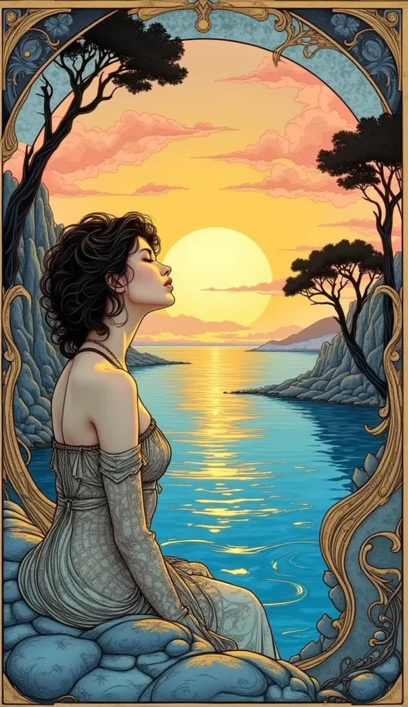 Stylized image in Art Nouveau style, a beautiful young woman against the background of an extraordinarily beautiful sunset over the sea, in blue tones, golden sun, pink clouds, gray rocks, trees, many curved contours carefully drawn, repeating all the elem...