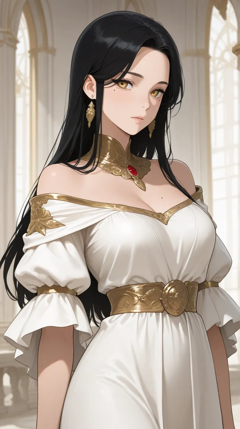 One beautiful woman, with oliver skin color, and straight black hair, with a small mole under the eye, and brownish golden eye color. While wear a beautiful, open, goddess's dress in palace