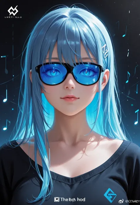 logo HD , the best quality, professional circular logo with electromagnetic waves and musical notes a girl with short blue neon hair, containing shades of blue and the word Kadry