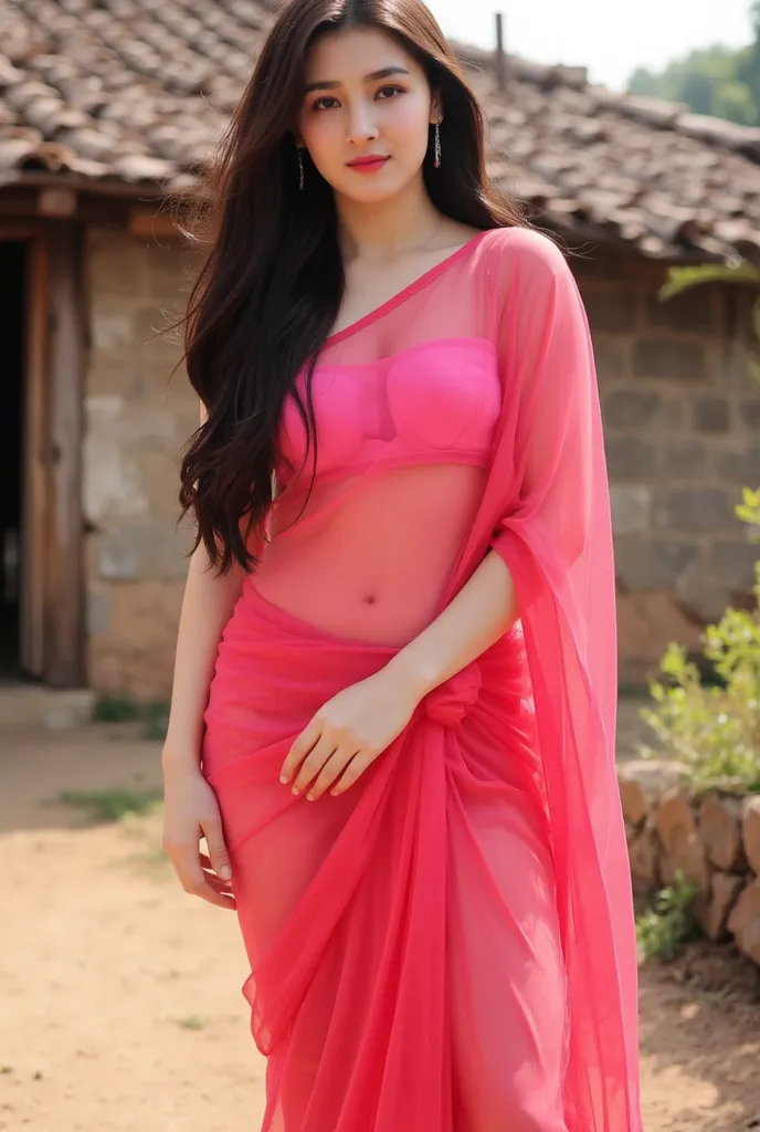 "Create an image of a woman standing outdoors in a vibrant nude satin silk net transparent saree , elegantly draped to reveal her midriff and navel. She has long, flowing black hair and a confident, expressive look. The background features a rustic village...