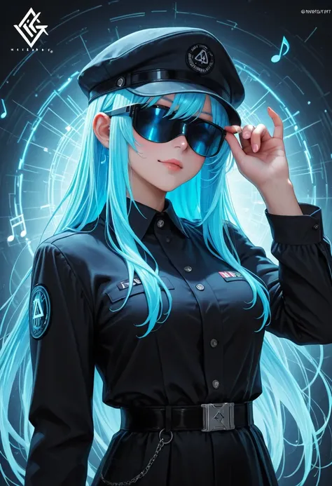 logo HD , the best quality, professional circular logo with electromagnetic waves and musical notes a girl with short blue neon hair, containing shades of blue and the word Kadry