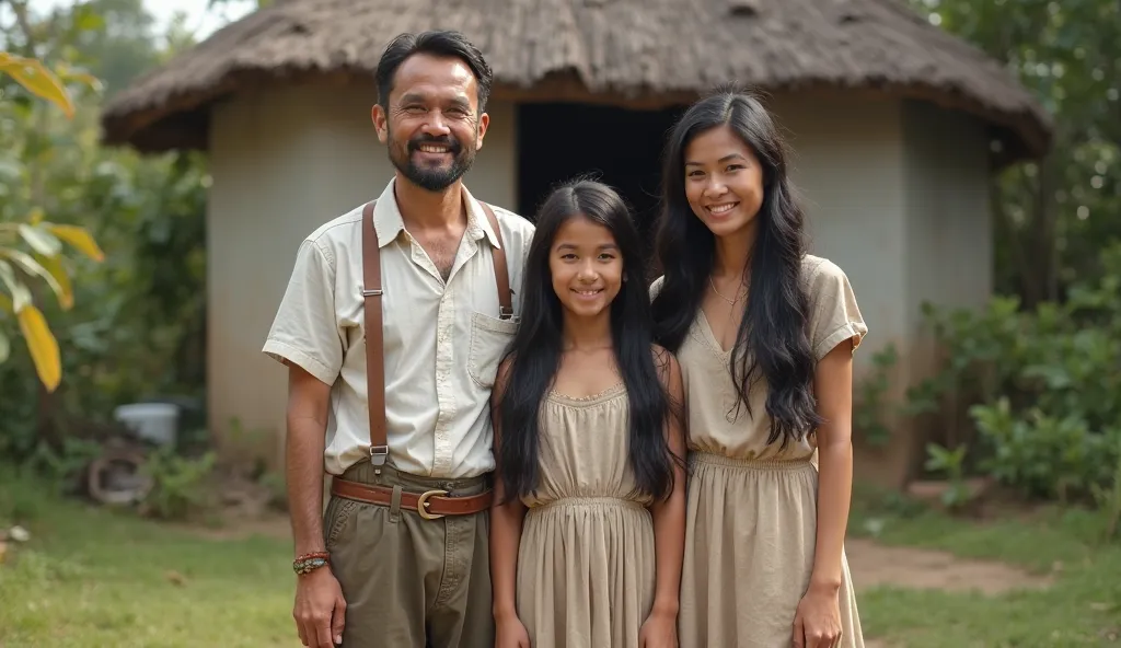 A family of three standing in front of their humble home. The father and mother have warm, gentle expressions, dressed in simple, rustic clothing that reflects their honest, hardworking nature. The 20-year-old daughter stands in front of them, looking beau...