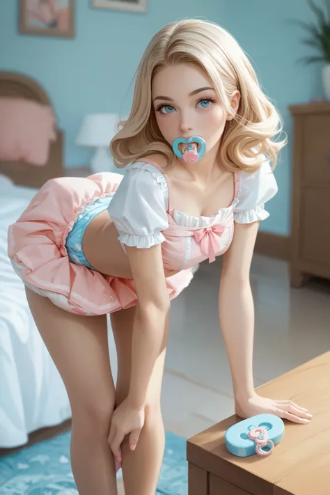 Innocent blonde haired girl in cute short skirt, with pacifier in her mouth, wearing a diaper bent over