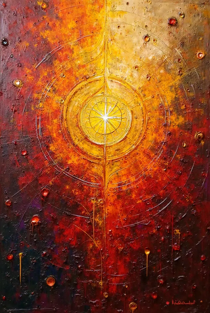 stunning Vibrant dark maroon,deep yellow, orange, Red and golden Islamic oil painting! bold, textured brushstrokes, creating a spiritual and expressive masterpiece. The abstract Arabic calligraphy and geometric patterns flow harmoniously within the composi...