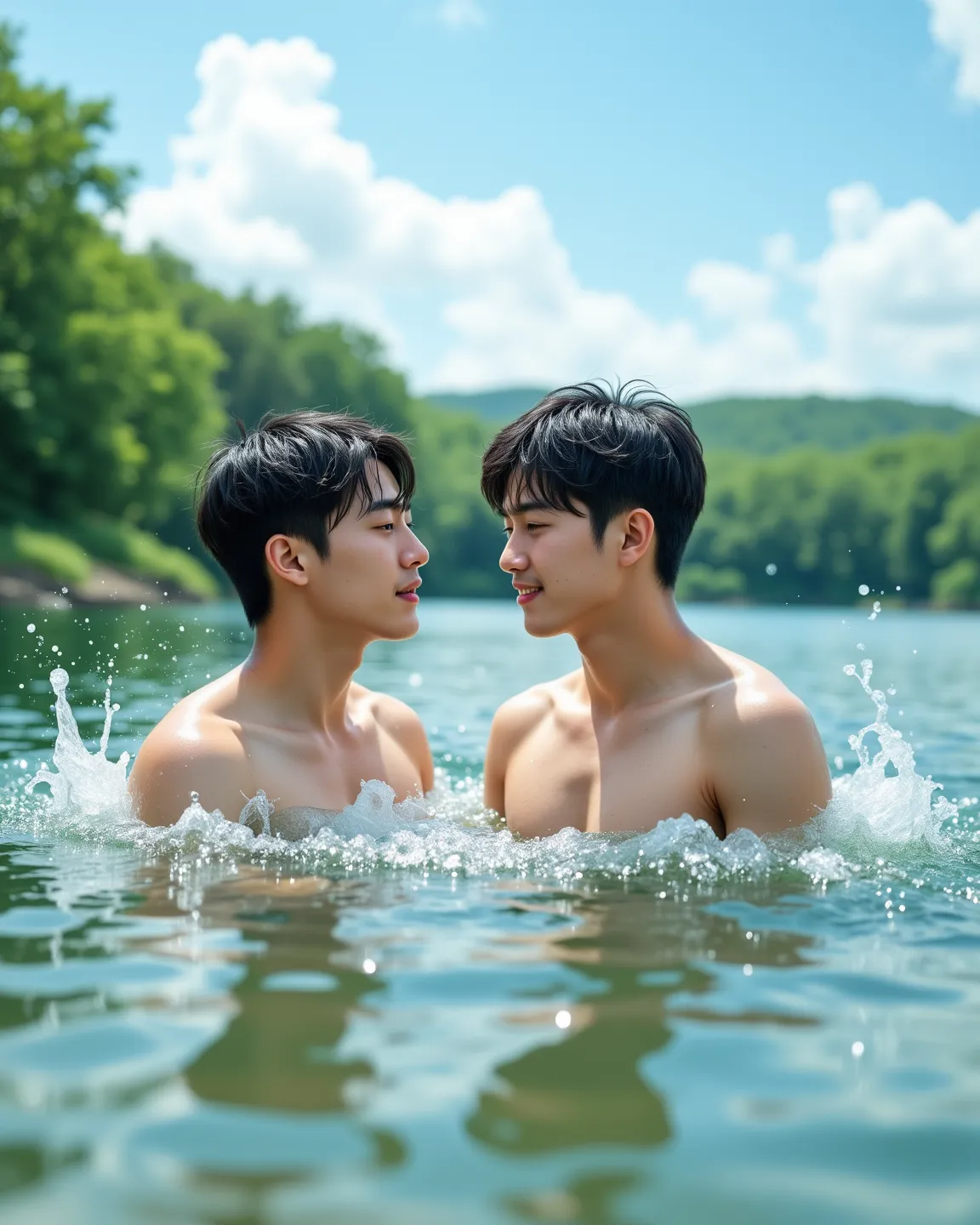 2 Korean male university students,Water play by the lake,finely drawn,high quality,4K,natural light, Soft Tone,Realistic photography,Beautiful composition,lively,fresh and natural,Clear lake water,green shade cover,Blue Sky White Clouds,Comfortable Atmosph...