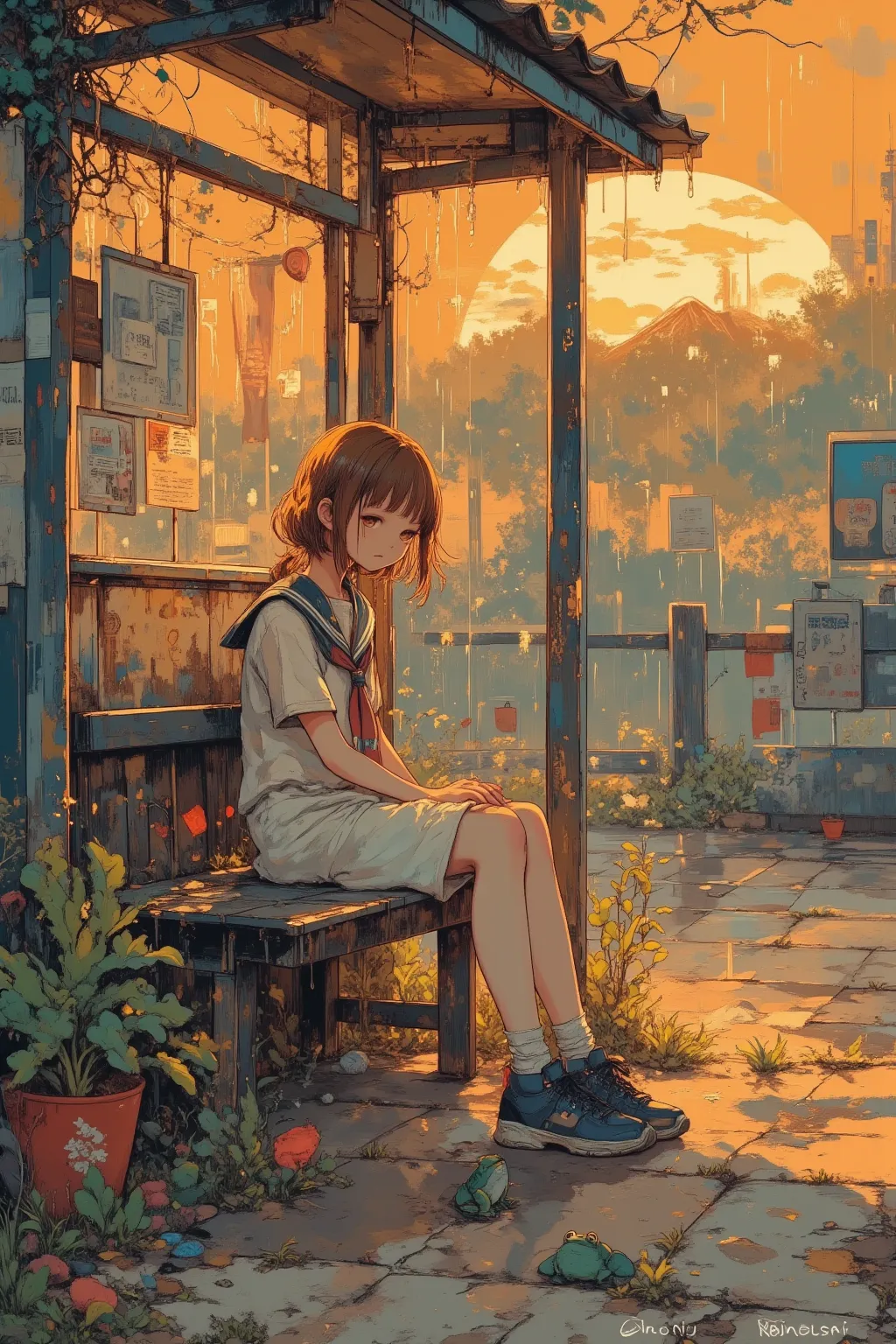  Oil paint and acrylic on canvas,Sunset on a summer day,Girl taking shelter from the rain at the bus stop,The outfit is a simple summer outfit, sailor suit,Raindrops running down the eaves of the shelter,Rain highlighted with highlights,Painted in Ghibli s...