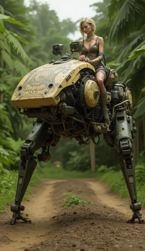 (masterpiece. Ultra High Resolution .realistic)、German weapons of World War II、small combat walking weapon with a total height of 2 meters、two-legged walking robot with ostrich legs、Ultra-fine machine-made ostrich legs、Bird leg joints、female pilot sits in ...