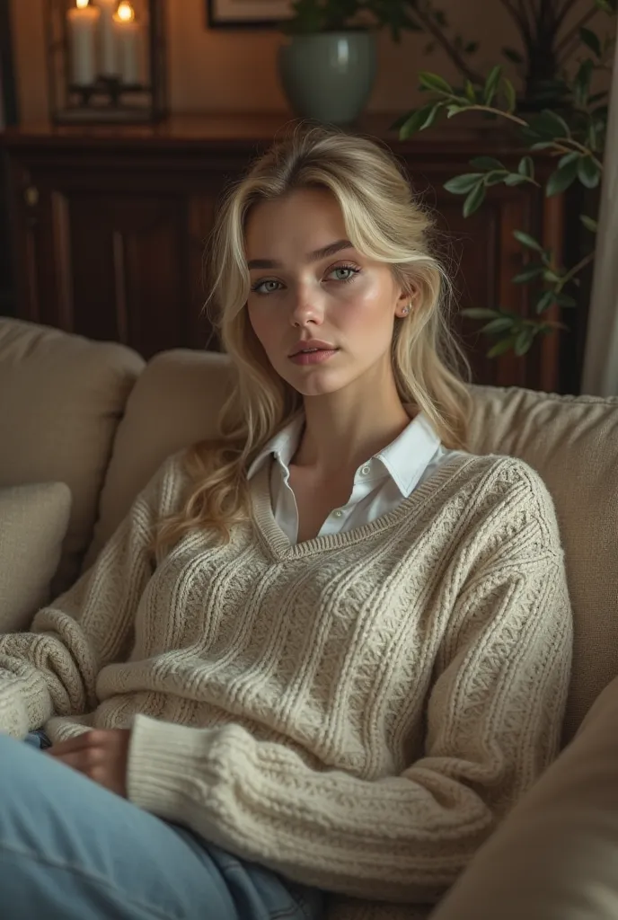 Create an image of a  blonde girl on the couch wearing a sweater from which the collar of a realistic shirt emerges