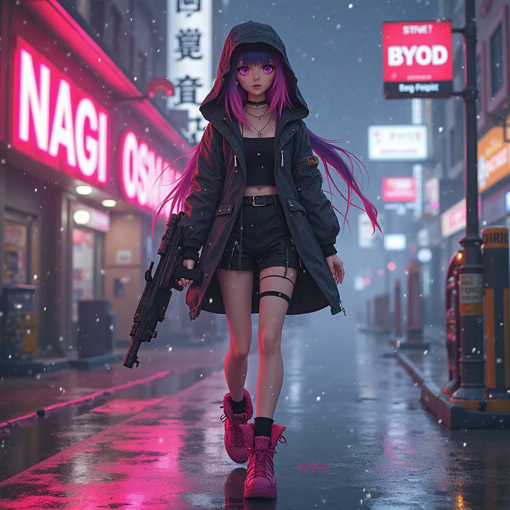  anime cute girl ,sexy, leg strap,pink and black boots,  black clothes, hair half right pink and half left black long, walking, raincoat, full body foot skirt, With gun gun, with neon sign with the word NAGI color pink, large advertising sign with the word...