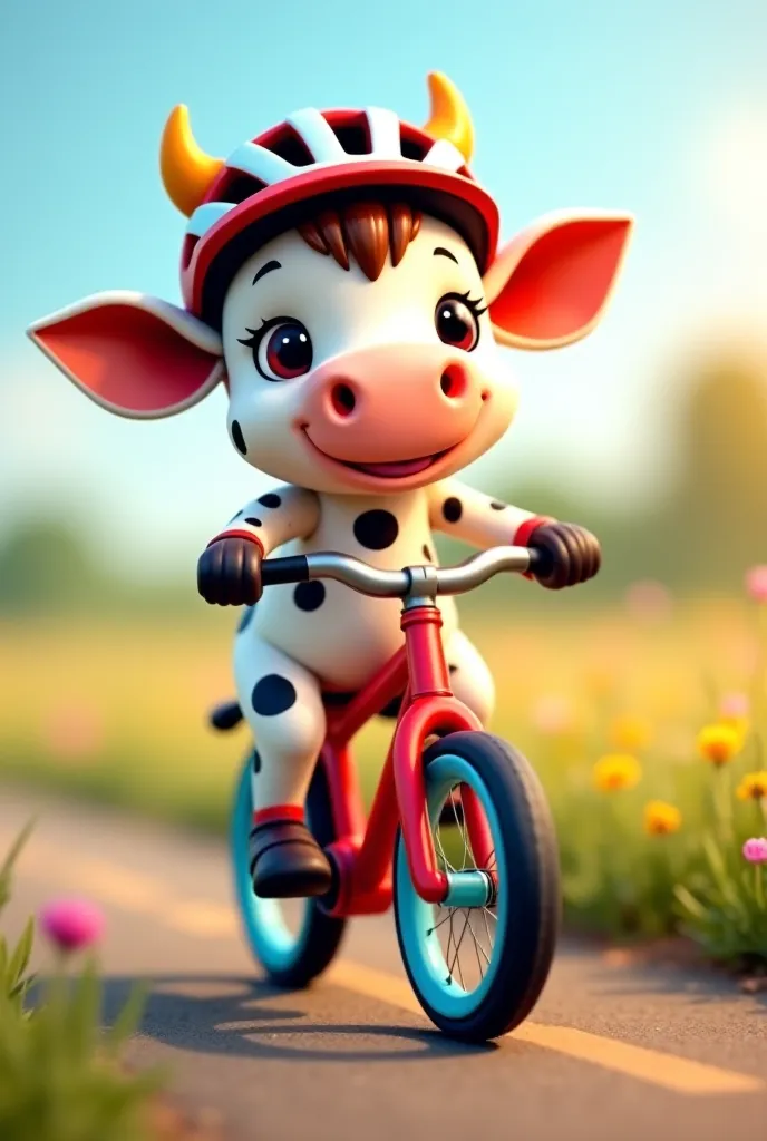 " An extremely cute cow ,  with soft fur and detailed spots ,  riding a bike .  The cow has a sweet and expressive look ,  with big soft eyes and cute ears . She wears a cycling outfit and helmet that matches the bike's vibrant color, whether red or blue ,...