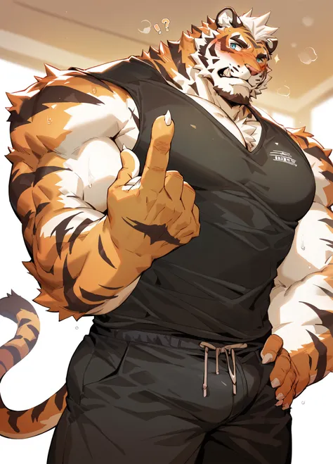 furry,Tiger Orc,a tall man, Strong 、 furry man,black tight vest,Basketball Pants, Long white socks,aldult ,bedroom,    detailed, highly    detailed眼睛, Strong muscles ,Blurred eyes,blue pupils,  sweaty, blush,state of hypnosis,with a big bulge on the crotch...