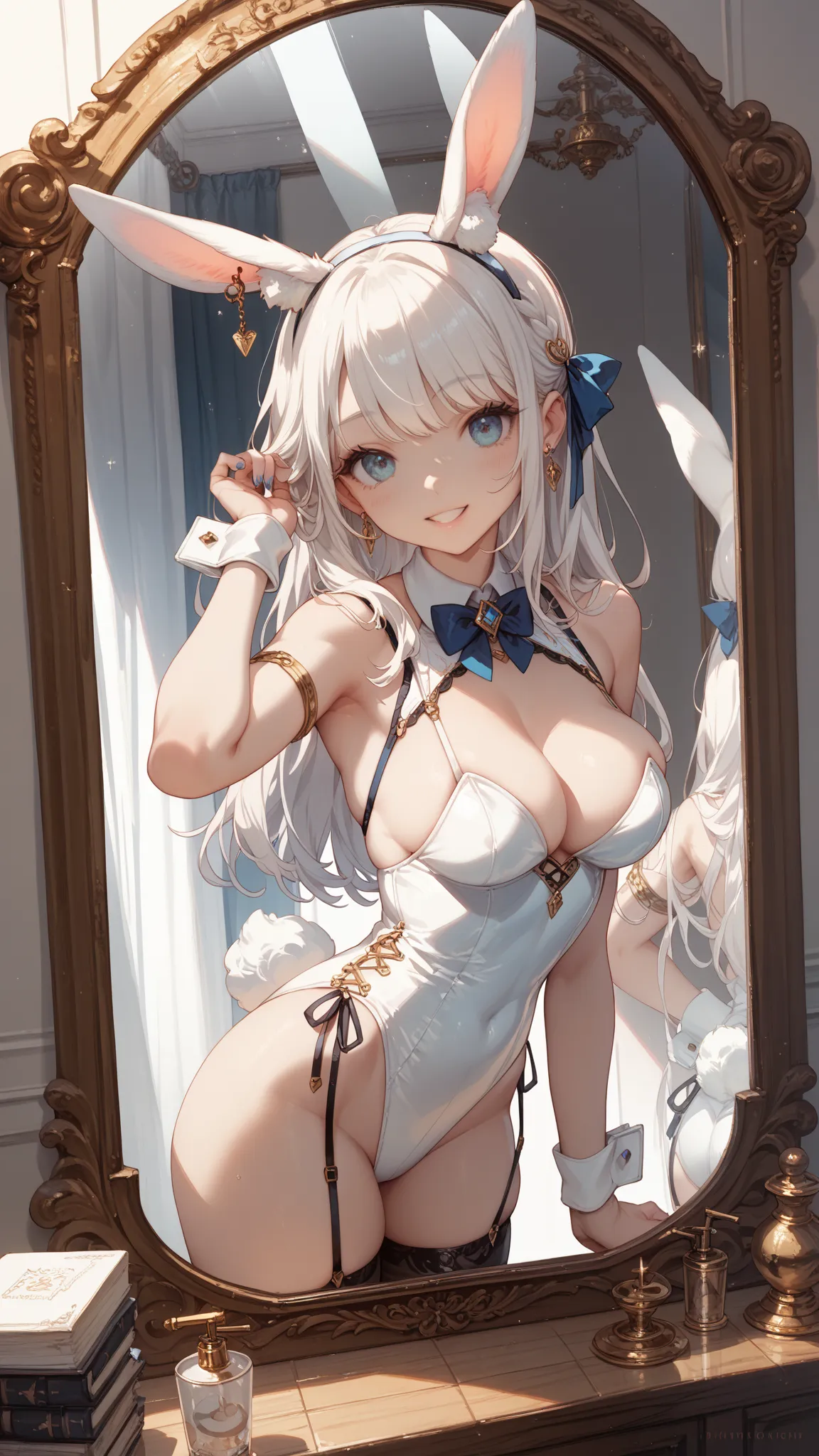 A flirtatious anime girl in a white bunny costume with feathered accents, leaning against a mirror with a playful smile. The reflection adds depth to the composition, highlighting her elegance