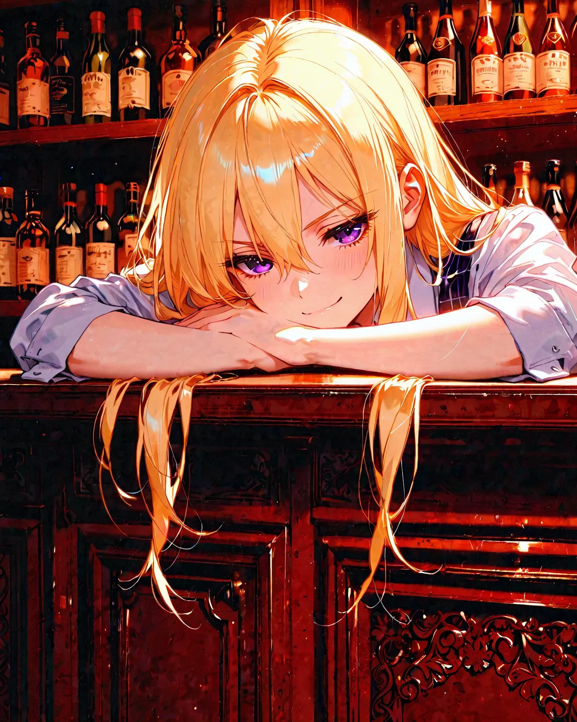 Animebliss , long blonde hair, hair inbetween eyes, purple eyes, ,   Working behind the bar,, Masterpiece,  best quality ,  great quality,  detailed background ,   Intricate Details, smirking
