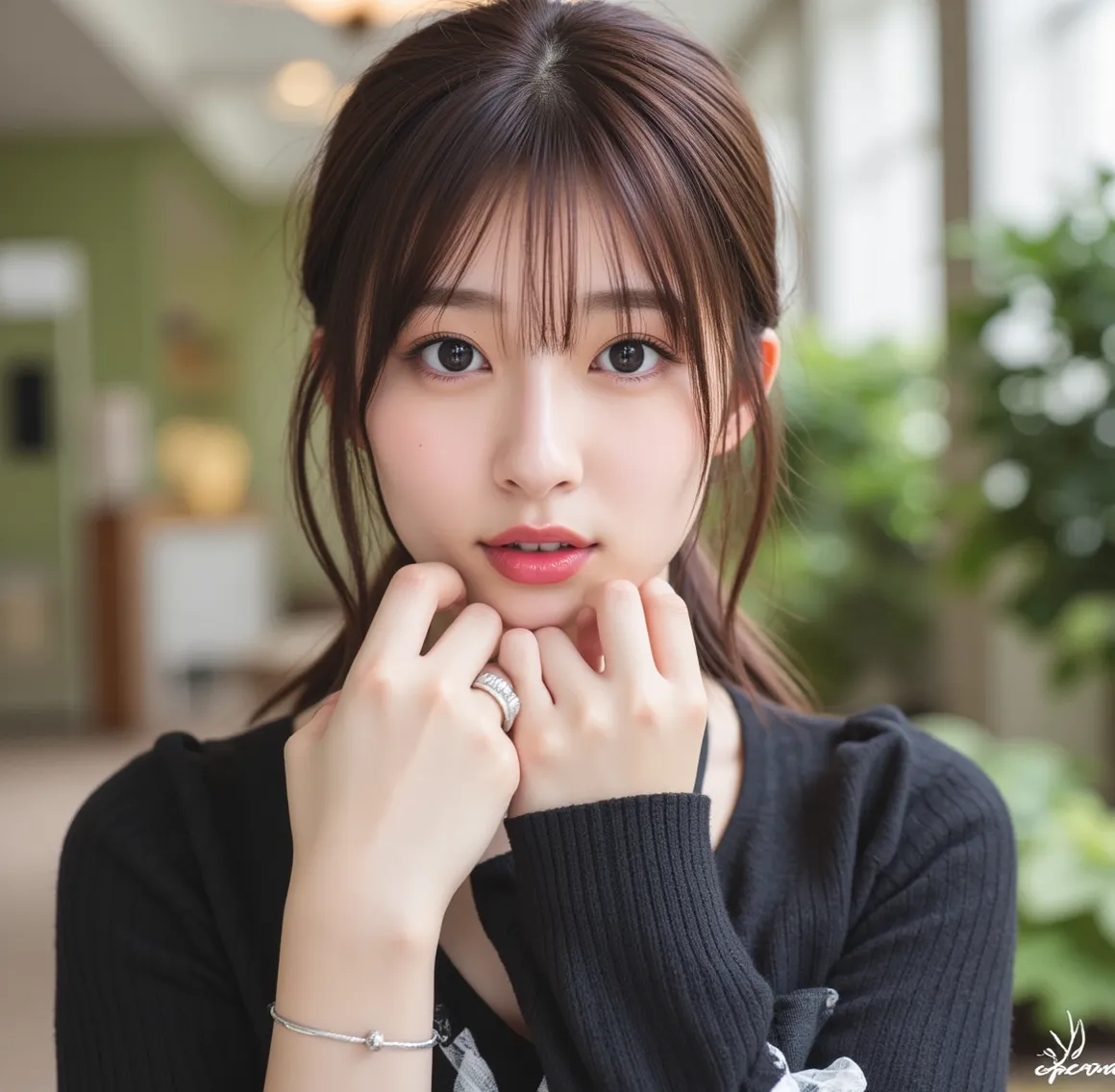 8K wallpaper, ((Big Breasts 1:2)), High Resolution, top quality, side ponytail,earrings,necklaces, heavy makeup, hidden hair,full body, black cardigan,Lying face down,model body type，Darker lipstick ，cute Japanese beautiful girl 18 years old with a kiss po...