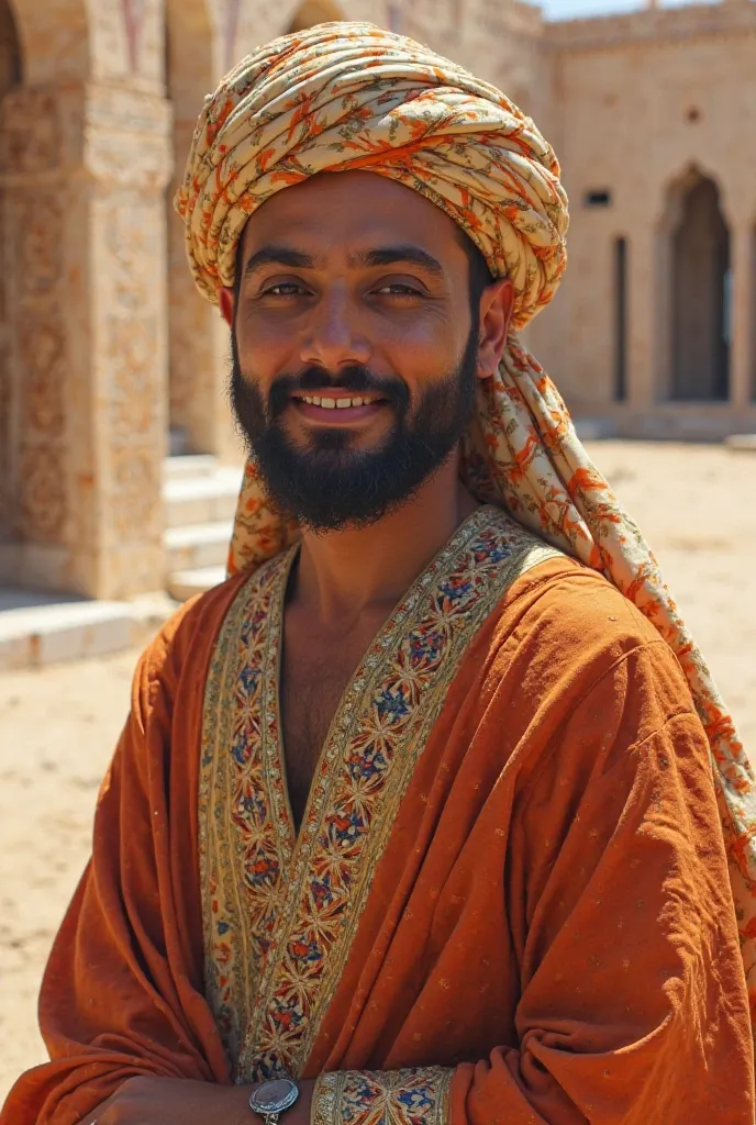 Generate for me the image of a man with Down syndrome wearing an Arabic outfit