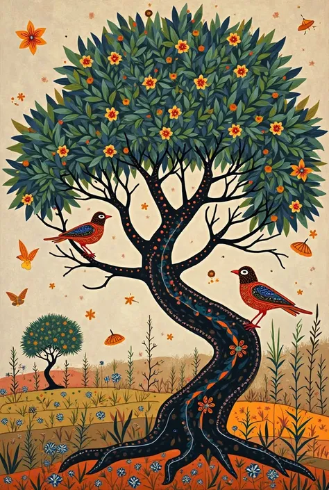 Create madhubani painting of birds sitting of tree , simple , attractive , traditional , natural , 4k  