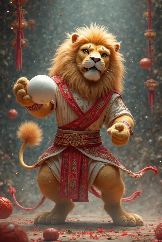 Create a picture of a Lion wearing red and white dancing with a ball
