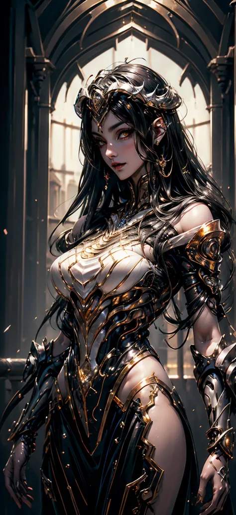 A (super realistic, 8k_resolution) beautiful meture woman(age_55(albedo _overlord)) with (orange_eyes with perfect_detailing) and white_attire(detailed) with gold jewellery on perfect huge sexy breasts, beautiful breast, black long beautiful hair, hyper de...