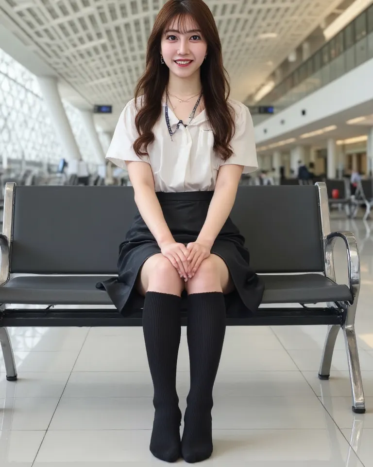 (    photorealism   :1.2)、 full body portrait 、Premium rich black socks　beautiful日本人モデル、39;  thick legs、  woman  、39;    cabin attic uniform short skirt、business files、I'm wearing a security card around my neck　 black pin heel　smile、Bench on the white floo...