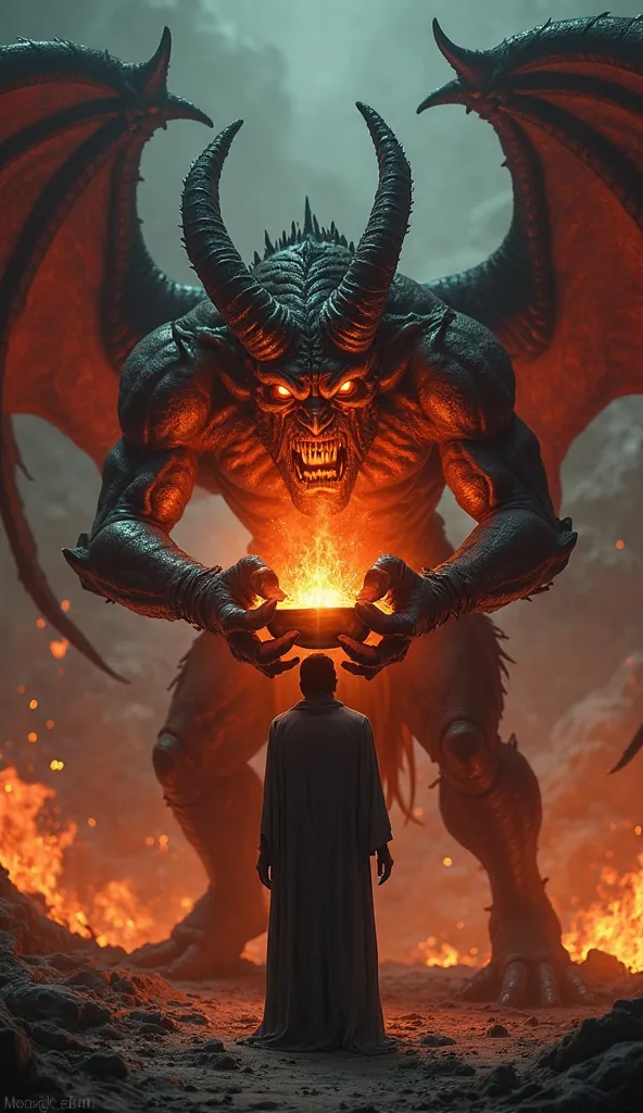 "A monstrous and menacing demon stands in front of the trembling sinner, holding a molten metal chalice glowing with an intense red-orange heat. The demon has sharp horns, dark leathery wings, and glowing fiery eyes. Its claws grip the cup tightly, and eer...