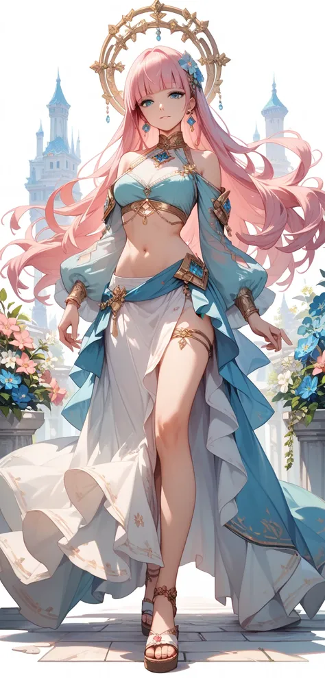 (perfect anatomy), (masterpiece), best quality, high resolution,  perfect face, 1girl, pink hair, long hair, hime cut,  jewelry, flower, sandals, blue eyes, earrings, Belly button