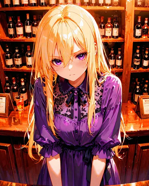 Animebliss , long blonde hair, hair inbetween eyes, purple eyes, ,   Working behind the bar,, Masterpiece,  best quality ,  great quality,  detailed background ,   Intricate Details, cybperpuno bar, owning it, working.purple dress.
