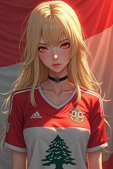 A sexy anime blonde woman with long hair wears a shirt bearing the Real Madrid and Chelsea logo and the flag of Lebanon appears in the picture 