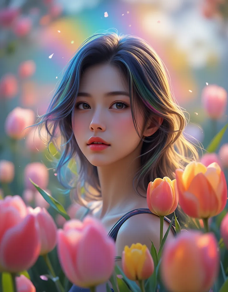 Beautiful woman surrounded by colorful flowers、チューリップ、Rainbow、sky、Rainbow hair
