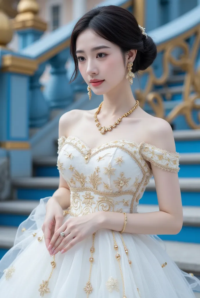 (Detailed body, detailed face, best quality: 1.2), a gorgeous traditional wedding dress of a Thai princess, made of tulle with embroidered gold thread, off-shoulder dress style, hair in a bun, with a sarong, showing a little cleavage) gold jewelry, gold ea...