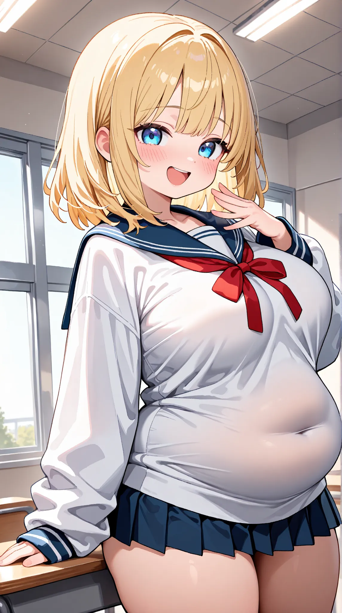  1 girl, solo, medium hair, looking at viewer, blush, thighs, large breasts, blonde hair, indoors, blue eyes, cowboy shots, petite, School, serafuku, long sleeves, skirt, pleated skirt,oversized clothes,
 rotund, chubby, chubby belly,round face, red ribbon...