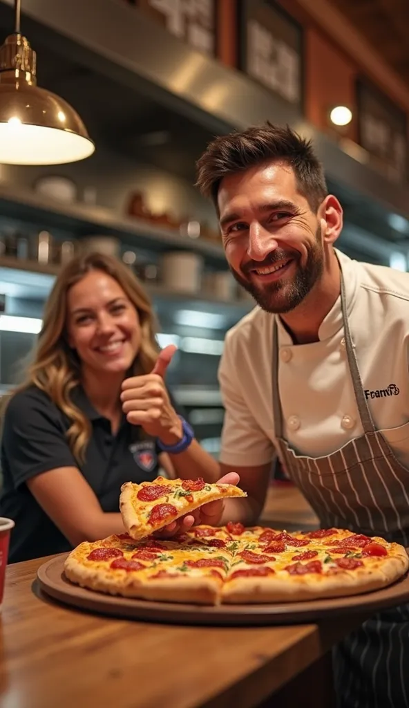 Visual: A happy customer eating Messi’s pizza, giving a thumbs-up, while Messi winks at the camera.

🔹 Image Prompt: A satisfied customer enjoying a slice of pizza in a warm, cozy pizzeria. The Messi-like chef stands proudly behind the counter, giving a wi...