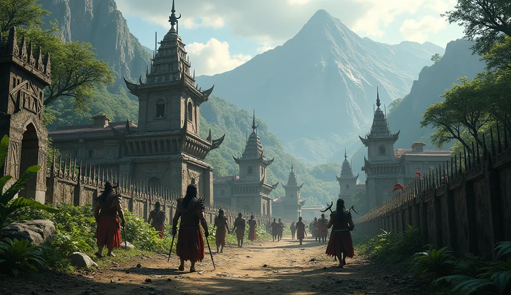 cinematic style 

"A fortified Naga tribal village with spiked barricades and watchtowers. Warriors patrol the perimeter, while others reinforce defenses, preparing for an impending invasion."