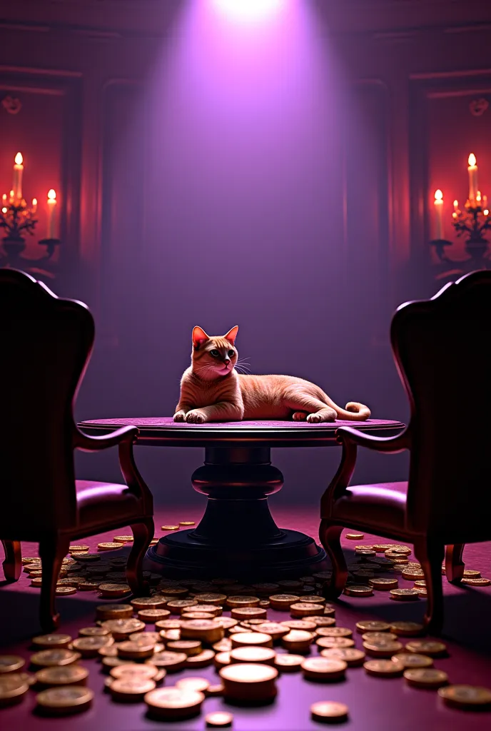 8k 16k Extraordinary　Super Detail　　Inside the Mafia Room　ceiling purple spotlight　No people　luxury table　 chair　There are lots of gold and silver coins on the floor　The cat is lying down