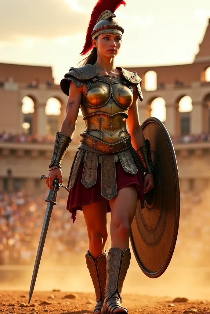 "A fierce young female gladiator stands tall in the heart of the grand Roman Colosseum, her presence commanding the arena. She wears a striking set of battle-worn armor—an intricately engraved bronze cuirass reflecting the golden hues of the setting sun, l...