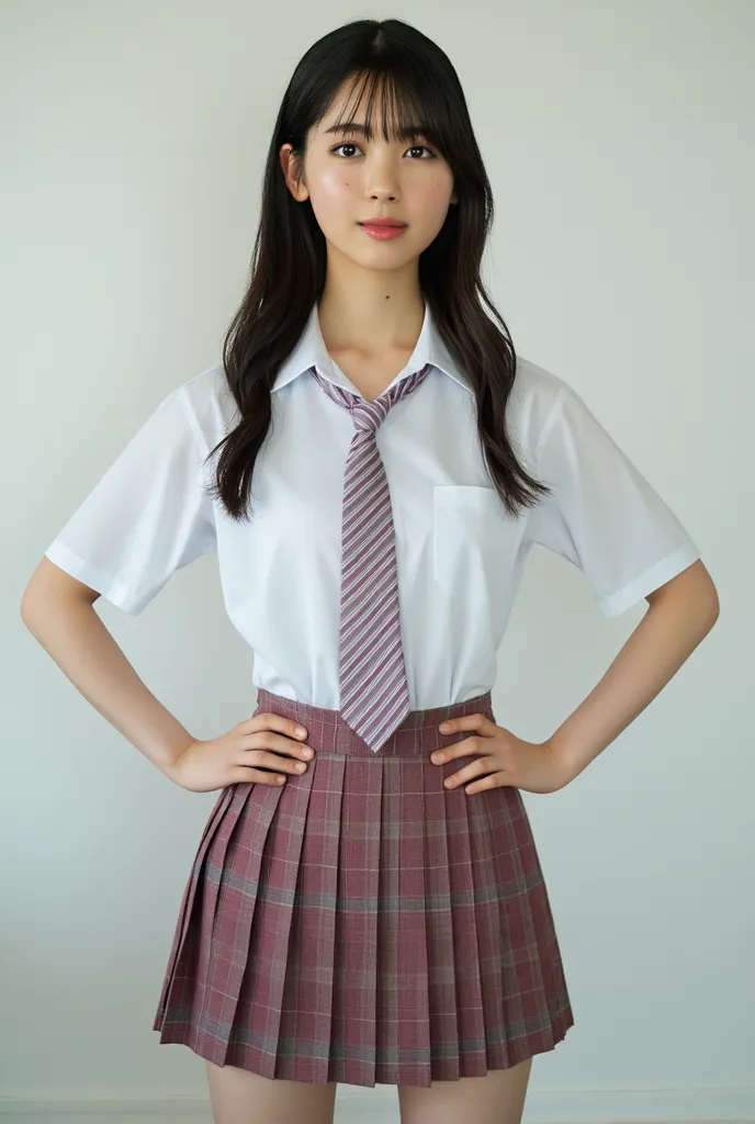 best quality photo, 8K, masterpiece, Super high resolution, (Photorealistic: 1.4), photo RAW, (  Candy hair、long and shiny hair ), ( sexy school uniform:1.2),(school uniforms:1.3), (white collared-shirt:1.4),Slim abs: 1.1, (((Standing with hands on hips Cl...