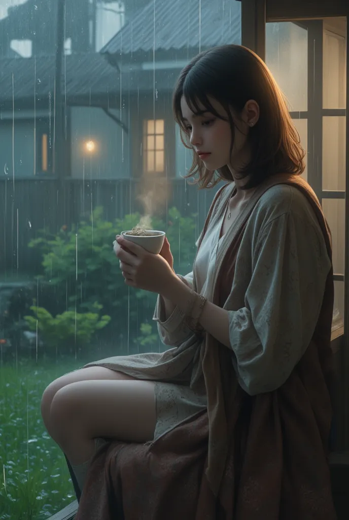 masterpiece, Amazing quality, depicting image of loneliness, a solitary woman figure, shoulder length brown hair, she is sitting on the porch, she is holding a cup of hot coffee, enjoying the serene of rain falls, it is raining heavily in the yard, the rai...