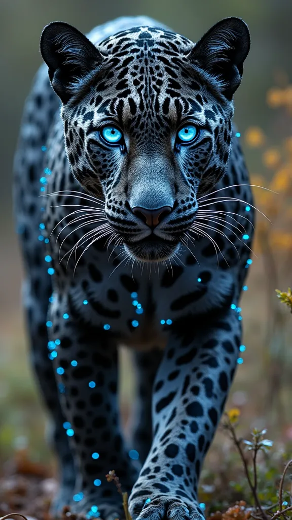 Full body! a gorgeous leopard  with sapphire eyes, The black spots should be made of black diamonds covered in crystals of various sizes,masterpiece,high r,8k,ultra-detailed,photorealistic