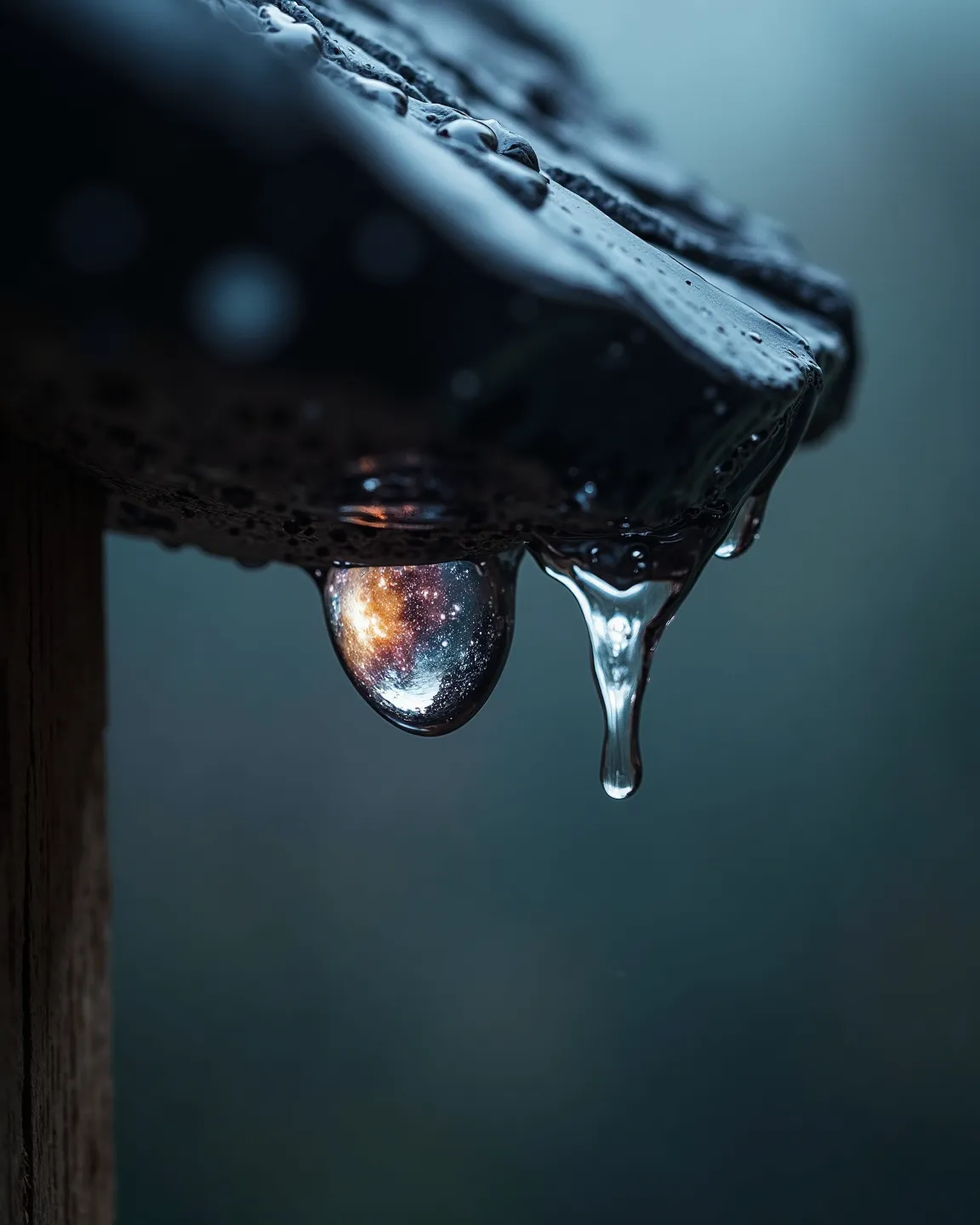 A hyperrealistic macro image of a rain droplet clinging to the edge of a roof. Using tilt and shift photography focus on the galaxy inside the rain drop 