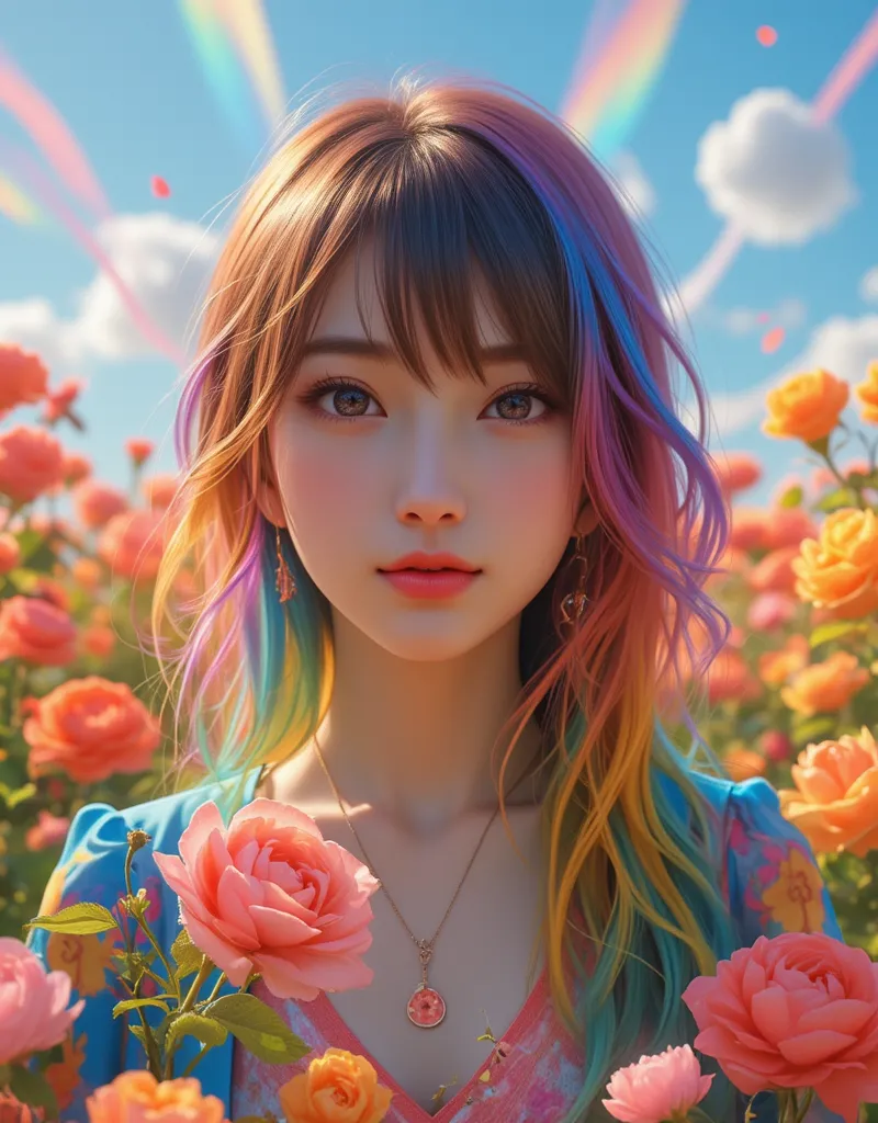 Beautiful woman surrounded by colorful flowers、チューリップ、Rainbow、sky、Rainbow hair
