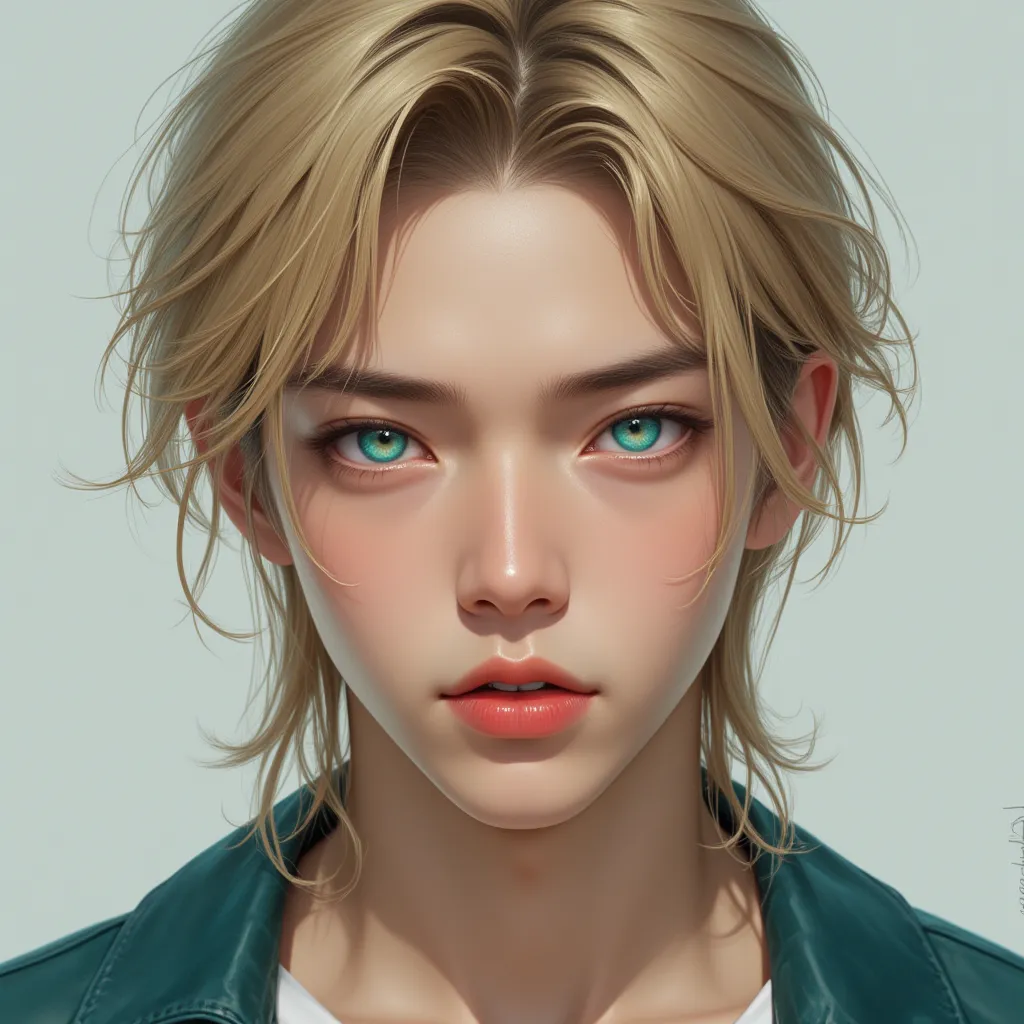 masterpiece, best quality artwork, 8k, of the highest quality, best graphic,   beau yeux bleu vert  avec des nuances clairs , Pretty pink lip , beautiful background,   longs cheveux blonds .  Fifteen-year-old man with matt skin , Young Japanese Man ,Thai a...