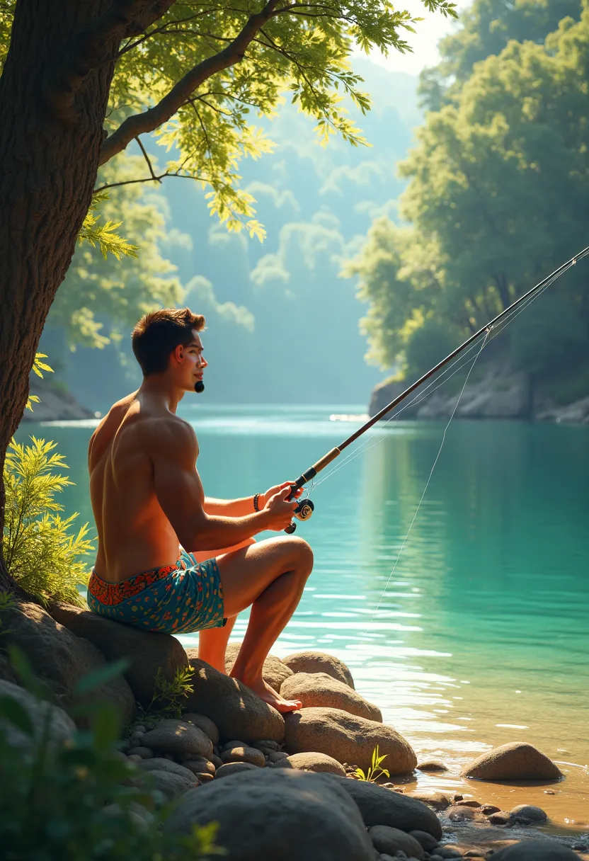 A man in a bikini, two-piece, is fishing by the water.